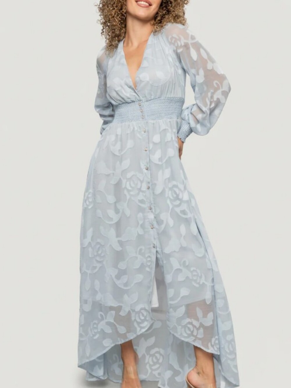 Baltic Born (Soieblu) Light Blue High-Low Floral Sheer Maxi Dress - New W/ Tags